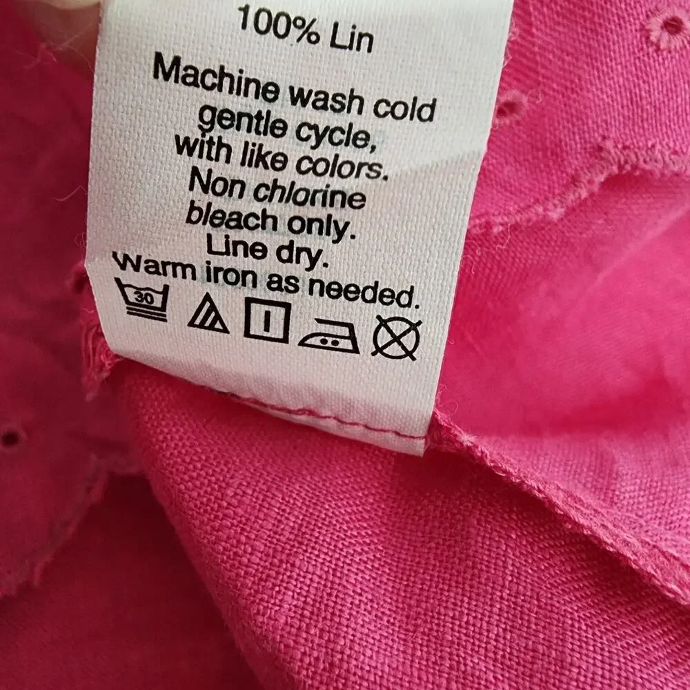 J Crew Womens Top Size 14 Linen Short Sleeve Tulip Back Scalloped Eyelet Pink
